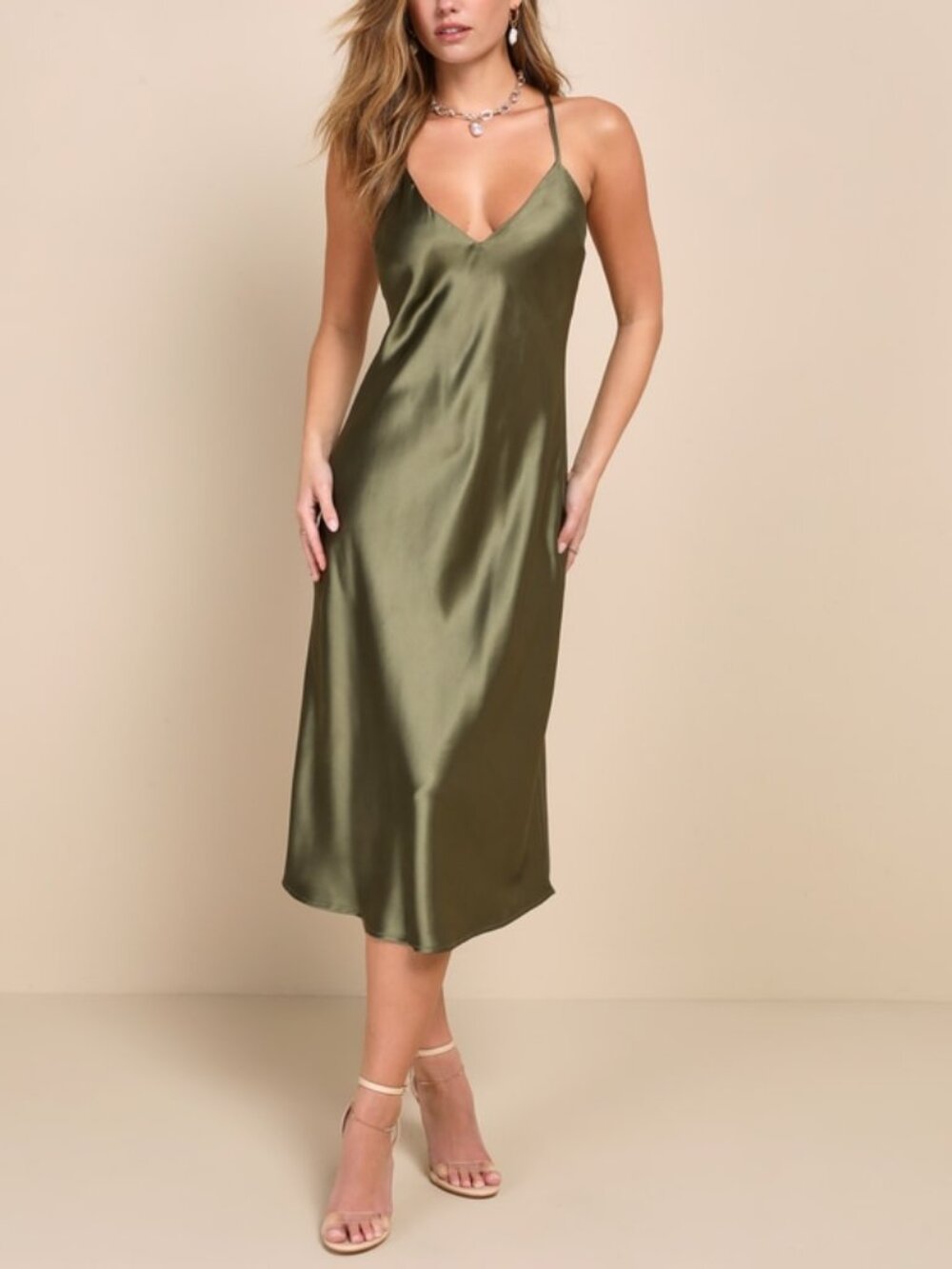 Lulus Exquisitely Chic Olive Green Satin Backless Slip Midi Dress - Size M